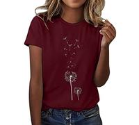 Camiseta de manga corta con cuello redondo para mujer, diseño de diente de león, Vino, XXL