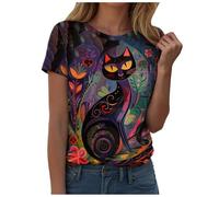 Camiseta de manga corta con cuello redondo para mujer, diseño de gato vintage pintado al óleo, manga corta impresa para mujer, Le Noir, M
