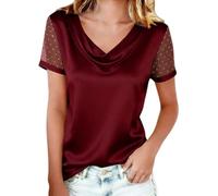 Camiseta de manga corta con cuello redondo para mujer, diseño de lunares, manga de malla transparente, blusa de satén para fiestas nocturnas y ocasiones especiales, Vino, S