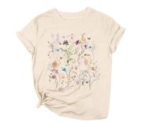Camiseta de Manga Corta con Cuello Redondo para Mujer Top Informal Holgado de Verano Camisa con Estampado de Flores Top Versátil Personalizado para Mujer Camiseta Casual