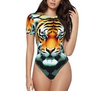 Camiseta de manga corta con cuello redondo y estampado de cabeza de tigre pequeño, Negro, Large