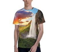 Camiseta de manga corta con cuello redondo y estampado de cascada de Islandia, campo de río, puesta de sol, ajuste regular, estilo casual para hombre, Negro, L
