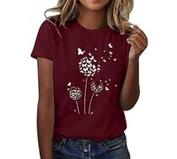 Camiseta de manga corta con cuello redondo y estampado de diente de león para mujer, Vino, S