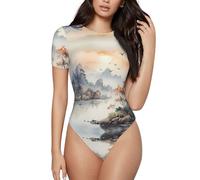 Camiseta de manga corta con cuello redondo y estampado de pintura de pájaros y montañas para yoga, correr, fitness, Negro, L