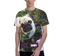 Camiseta de manga corta con cuello redondo y estampado de Pugs in The Garden, ajuste regular, estilo informal y elegante para hombre, Negro, S
