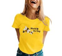 Camiseta de Manga Corta con Cuello y Estampado del Día Mundial del Ser para Mujer (Yellow, L)