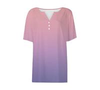 Camiseta de manga corta con diseño de alto fluido, cómodo, alto corte extragrande, informal, ligera, transpirable, camiseta básica, botón para mujer, cuello en V, rosa, L