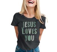 Camiseta de manga corta con diseño de Jesus Loves You Christian Believer Faith God Religious para mujer, camisetas estampadas de algodón lindas camisetas plisadas casuales, gris oscuro, L