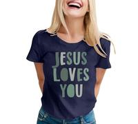 Camiseta de manga corta con diseño de Jesus Loves You Christian Believer Faith God Religious para mujer, camisetas estampadas de algodón lindas camisetas plisadas casuales, azul marino, S