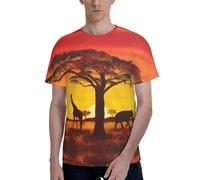 Camiseta de manga corta con estampado de animales africanos y puesta de sol para hombre, ajuste regular, estilo casual y elegante para hombre, Negro, M