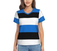 Camiseta de manga corta con estampado de bandera de Estonia para mujer, cuello en V, casual, holgada, clásica, a la moda, Negro, S