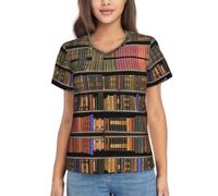 Camiseta de manga corta con estampado de biblioteca para mujer, cuello en V, casual, holgada, clásica, a la moda, Negro, S