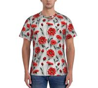 Camiseta de manga corta con estampado de grupo de flores rojas para hombre, clásica, moderna, cómoda, para gimnasio, entrenamiento, actividades deportivas, Negro, S