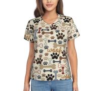 Camiseta de manga corta con estampado de huesos de perro para mujer, cuello en V, casual, holgada, clásica, a la moda, Negro, L