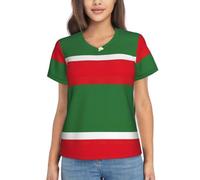 Camiseta de manga corta con estampado de la bandera de la República de Chechenia para mujer, cuello en V, casual, holgada, clásica, a la moda, Negro, XXL