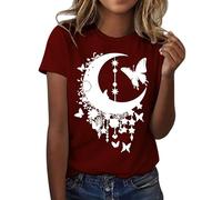 Camiseta de manga corta con estampado de luna, cuello redondo, manga corta, informal, vestido de verano para mujer con mangas, Vino, XL