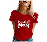Camiseta de manga corta con estampado de mom de béisbol para mujer, cuello redondo, color negro, rojo, S