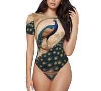 Camiseta de manga corta con estampado de pavo real Art Deco para mujer, diseño de cuello redondo (S-XXL), Negro, M