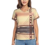 Camiseta de manga corta con estampado de puente Golden Gate para mujer, cuello en V, casual, holgada, clásica, a la moda, Negro, XL