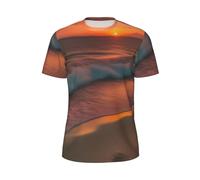 Camiseta de manga corta con estampado de puesta de sol en la playa para hombre, para correr, rutinas de fitness, actividades de verano, Negro, L