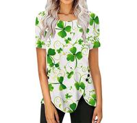 Camiseta de manga corta con estampado de San Patricio para mujer con dobladillo irregular y decoraciones de botones, rosa fuerte, XXL