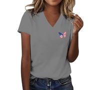 Camiseta de manga corta con estampado gráfico de mariposa para mujer, cuello en V, casual, ajuste holgado, botones frontales, para uso diario, deportes al aire libre, vacaciones, gris oscuro, XL