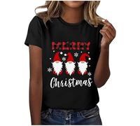 Camiseta de manga corta con estampado navideño para mujer, ajuste relajado, cuello redondo, camiseta informal de vacaciones, pantalones cortos de verano para mujer, Negro , XL