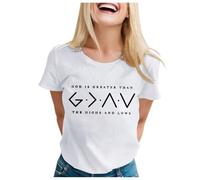 Camiseta de manga corta con texto en inglés "Dios es más grande que los altibajos" para mujer, Blanco, XL
