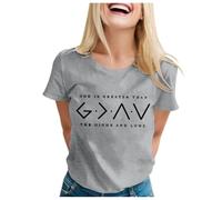 Camiseta de manga corta con texto en inglés "Dios es más grande que los altibajos" para mujer, Gris claro., XL