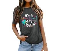 Camiseta de manga corta con texto en inglés "It's a Beautiful Day for Learning" para mujeres, para maestras, regalos para amantes de los libros, casual, de manga corta, ropa de calle estética, gris