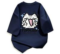 Camiseta de Manga Corta Cuello Redondo con Estampado de Gato c - Azul - 3XL