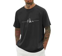 Camiseta De Manga Corta Cuello Redondo Para Hombres, Camiseta Con Estampado Básico Cómodo Top de Algodón Casual Camisa De Playa Ropa Deportiva, Negro , XXXL