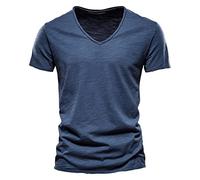 Camiseta de manga corta de algodón con cuello en V de color sólido casual de moda para hombre Tierra Hirschhausen, A14-azul marino, S