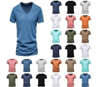 Camiseta de manga corta de algodón con cuello en V de color sólido casual de moda para hombre Tierra Hirschhausen, A10-azul, S