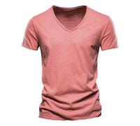 Camiseta de manga corta de algodón con cuello en V de color sólido casual de moda para hombre Tierra Hirschhausen, A16-rojo, S