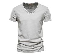 Camiseta de manga corta de algodón con cuello en V de color sólido casual de moda para hombre Tierra Hirschhausen, A12-gris, S