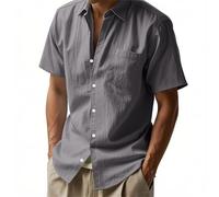 Camiseta de manga corta de algodón de gran tamaño para hombre, con botones, informal, diseño liso, para vacaciones, citas, verano, con solapa, cuello en V, gris, 3XL