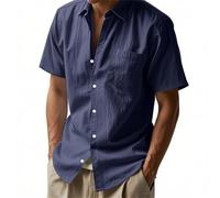 Camiseta de manga corta de algodón de gran tamaño para hombre, con botones, informal, diseño liso, para vacaciones, citas, verano, con solapa, cuello en V, azul marino, 3XL