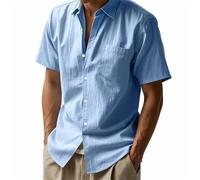 Camiseta de manga corta de algodón de gran tamaño para hombre, con botones, informal, diseño liso, para vacaciones, citas, verano, con solapa, cuello en V, azul claro, 3XL