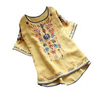 Camiseta de manga corta de algodón para mujer, cuello redondo, estilo retro, cuello en V, amarillo, M