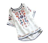 Camiseta de manga corta de algodón para mujer, cuello redondo, estilo retro, cuello en V, Blanco, XL