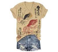 Camiseta de Manga Corta de Cuello V para Mujer con Estampado de Ukiyo-e japonés de Animales Marinos como Ballena y Medusa Ideal para el Verano Casual