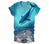 Camiseta de Manga Corta de Cuello V para Mujer con Estampado de Ukiyo-e japonés de Animales Marinos como Ballena y Medusa Ideal para el Verano Casual