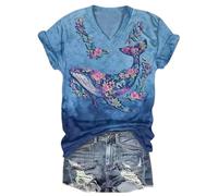Camiseta de Manga Corta de Cuello V para Mujer con Estampado de Ukiyo-e japonés de Animales Marinos como Ballena y Medusa Ideal para el Verano Casual