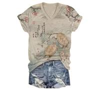 Camiseta de Manga Corta de Cuello V para Mujer con Estampado de Ukiyo-e japonés de Animales Marinos como Ballena y Medusa Ideal para el Verano Casual