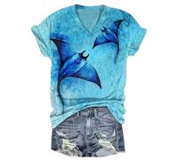 Camiseta de Manga Corta de Cuello V para Mujer con Estampado de Ukiyo-e japonés de Animales Marinos como Ballena y Medusa Ideal para el Verano Casual