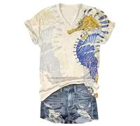 Camiseta de Manga Corta de Cuello V para Mujer con Estampado de Ukiyo-e japonés de Animales Marinos como Ballena y Medusa Ideal para el Verano Casual