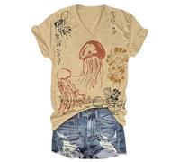Camiseta de Manga Corta de Cuello V para Mujer con Estampado de Ukiyo-e japonés de Animales Marinos como Ballena y Medusa Ideal para el Verano Casual