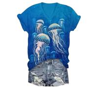 Camiseta de Manga Corta de Cuello V para Mujer con Estampado de Ukiyo-e japonés de Animales Marinos como Ballena y Medusa Ideal para el Verano Casual