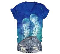 Camiseta de Manga Corta de Cuello V para Mujer con Estampado de Ukiyo-e japonés de Animales Marinos como Ballena y Medusa Ideal para el Verano Casual